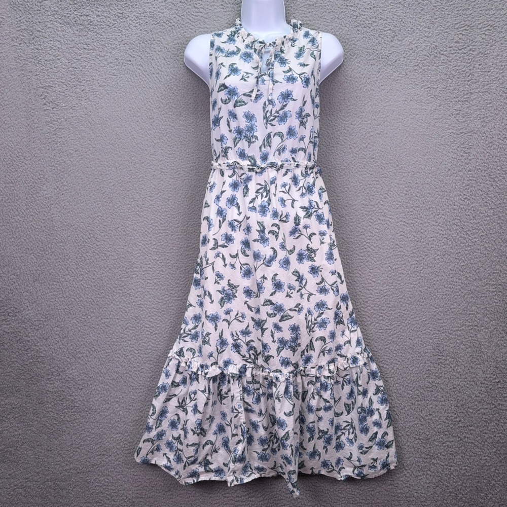 J.Crew Dress Women 8 White Blue Floral Cotton Sleeveless Tiered Midi Cottagecore